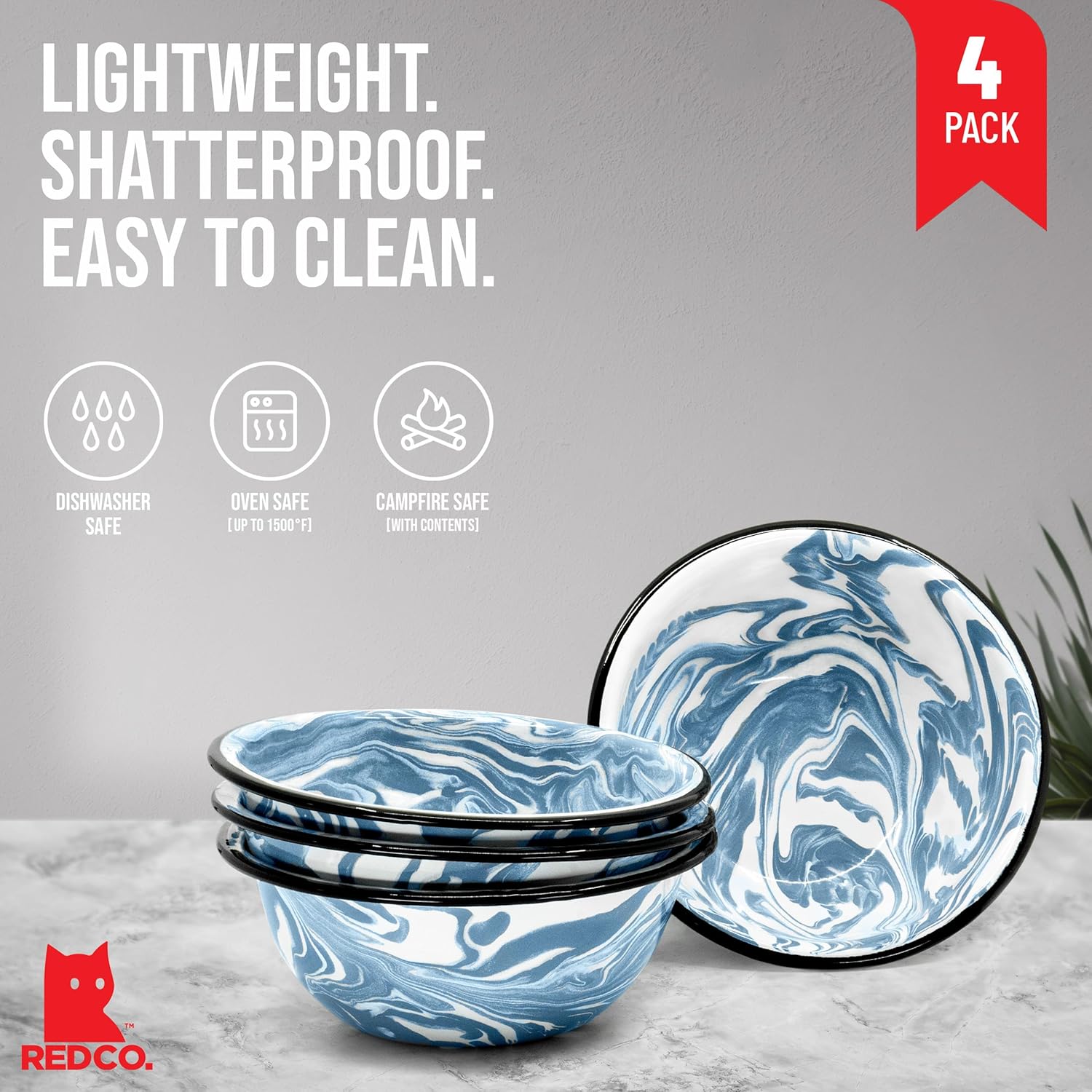 Red Co. Set of 4 Enamelware Metal Classic 20 oz Round Cereal Bowl, Navy Blue/Black Rim - Swirl Design