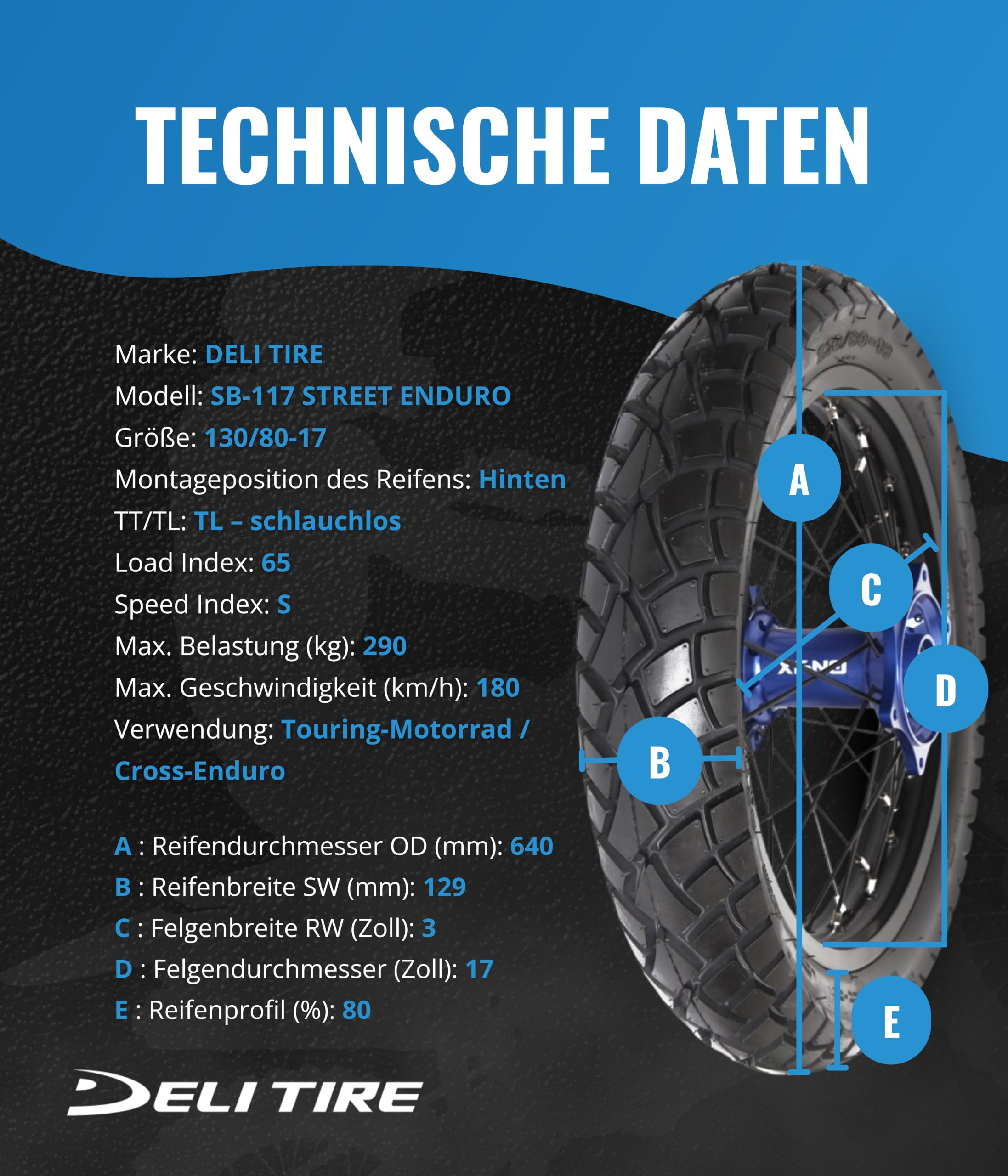 DELI REIFEN 117 STREET ENDURO 130/80-17 HINTEN SCHUNE