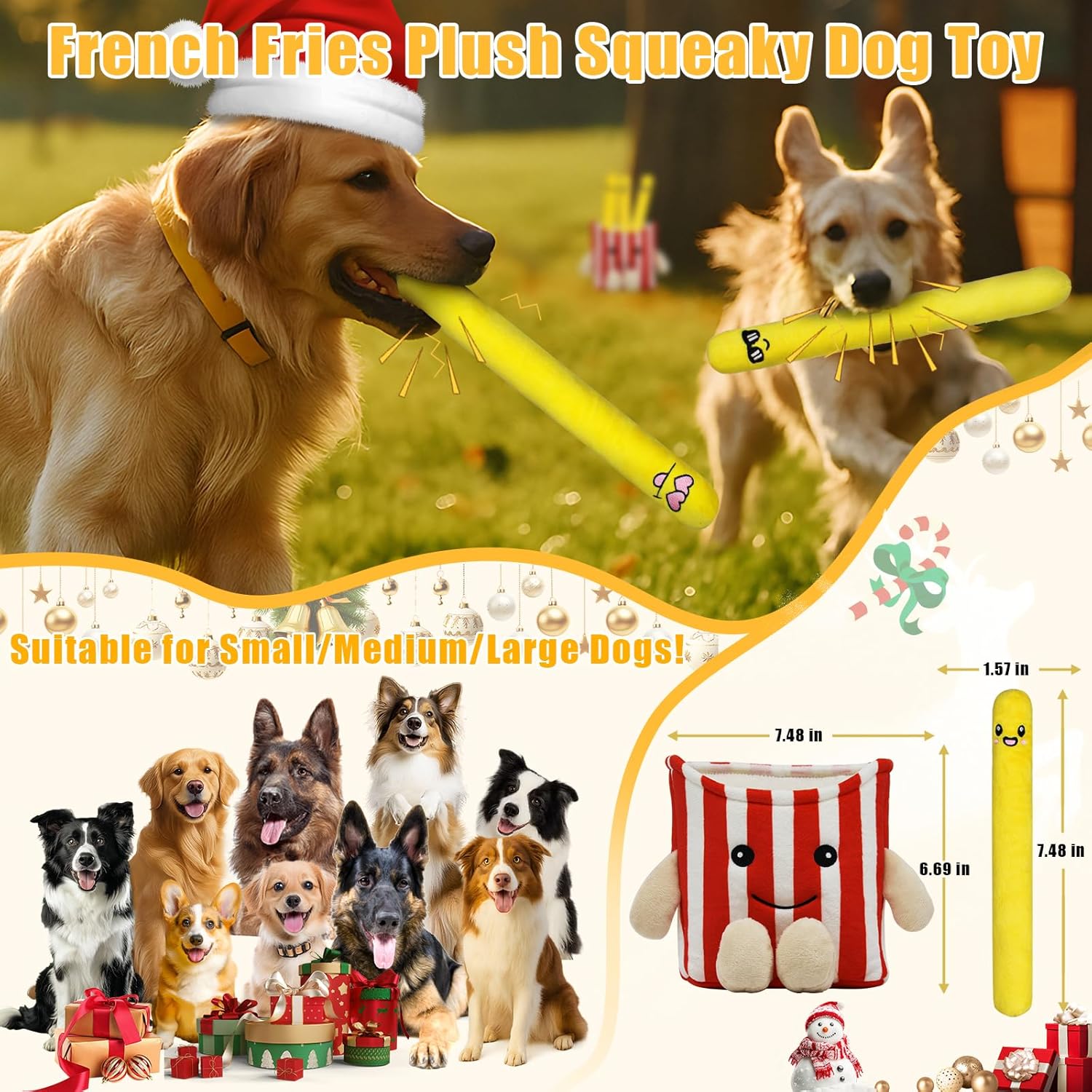 YZHDUXIU Christmas Dog Toys, 11 Pcs Christmas Toys for Small Dogs + Christmas French Fry PlushToys