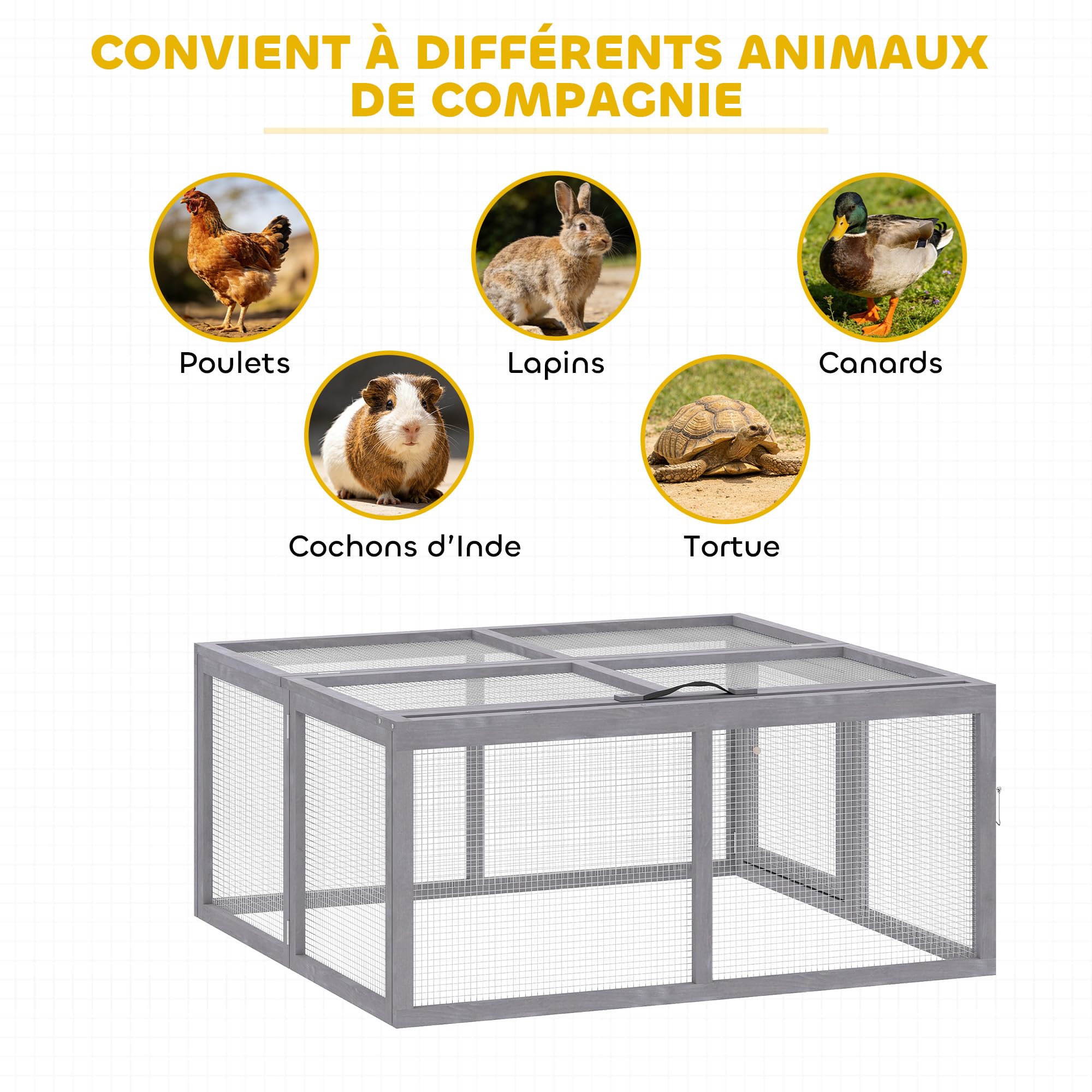 PawHut Clapier Lapin Extérieur Pliable en Bois - Enclos Lapin 1,2 ㎡ (110x105x50cm) avec Grand Espace d'Activité, Toit Ouvrant et Poignée, sans Fond - Cage pour Poule et Cochons d'Inde de Jardin, Gris