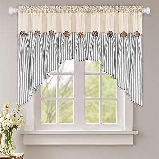 ASPMIZ Farmhouse Cotton Linen Swag Valances for Windows, Boho Kitchen Curtains Valances with Rustic Buttons, Grey Striped Window Treatments Curtain Valance for Bathroom Cafe, 61 x 36 Inch, 1 Panel