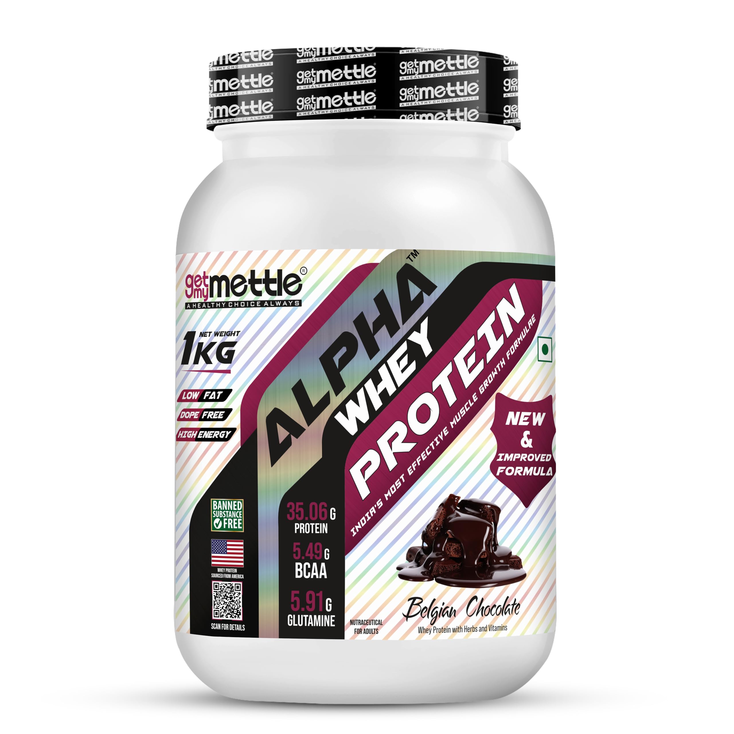 Getmymettle Alpha Whey Protein Powder, Belgian Chocolate (1kg / 2.2lbs) | 35.06g Protein Per Serving | High Protein for Muscle Growth & Recovery | Fast Absorption | Gym Nutrition