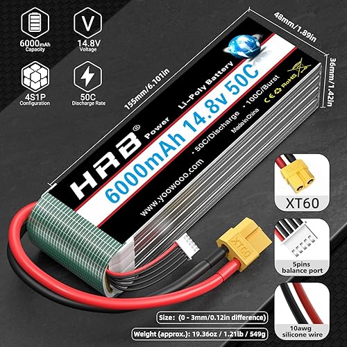 Miniatura 2 de HRB Batería Lipo de 14.8V 6000mAh 4S 50C con enchufe XT60 para avión RC, helicóptero RC, coche RC, camión RC, barco RC