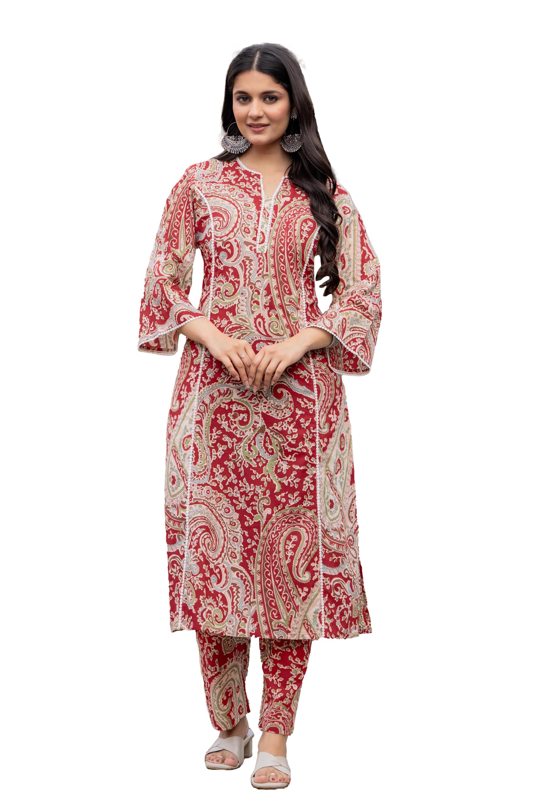 Women Pure Cotton Paisley Printed A-Line Kurta with Pants Set-image-1