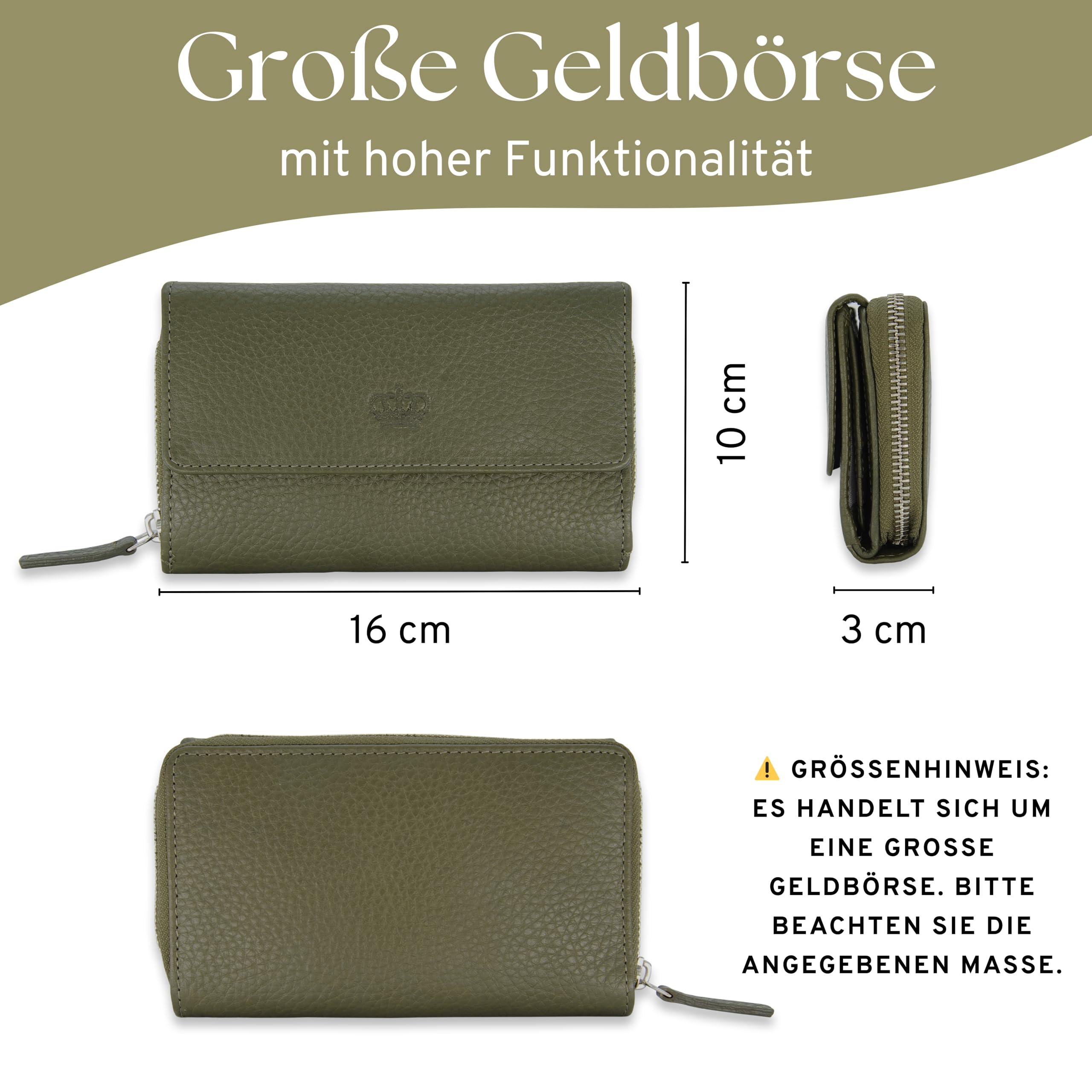 Baur - Große Damen Geldbörse aus echtem Leder mit RFID-Schutz (Olive-Grün) | Großes Portemonnaie, 14 Kartenfächer, Druckknopfverschluss, Münzfach mit Reißverschluss, geprägtes Rindsleder