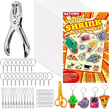 Natonhi 172 Pcs Shrink Plastic Sheets Keychain Making Kit, 30 Pcs Shrinky Dink Paper 8.0 x 5.6 Inch, Hole Punch, Scissors, 20 Keychains,20 Lobster Clasps, 100 Jump Rings, DIY Crafts for Teens Adults