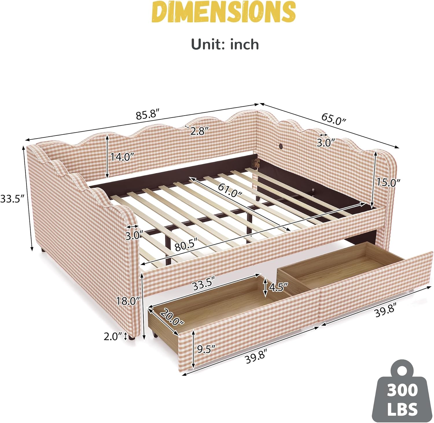 Queen Size Upholstered Daybed with Storage Drawers, Cozy Gingham Daybed with USB Charging Port and Adorable Wave Shaped for Living Room Bedroom, Pink