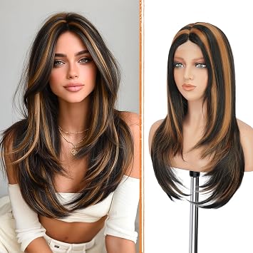 Haloo Black Wig with Curtain Bangs - Lace Front Hairline Middle Part Long Layered Natural Looking Straight Synthetic Hair Wigs for Women Daily Party, 24 Inch Black Highlighted Auburn