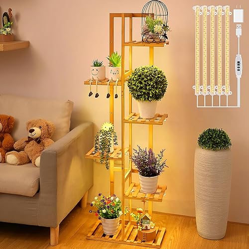 Dreyoo Soporte para plantas de 48 pulgadas con luz de crecimiento, 6 niveles para 7 macetas, soporte para plantas para sala de estar o patio,
