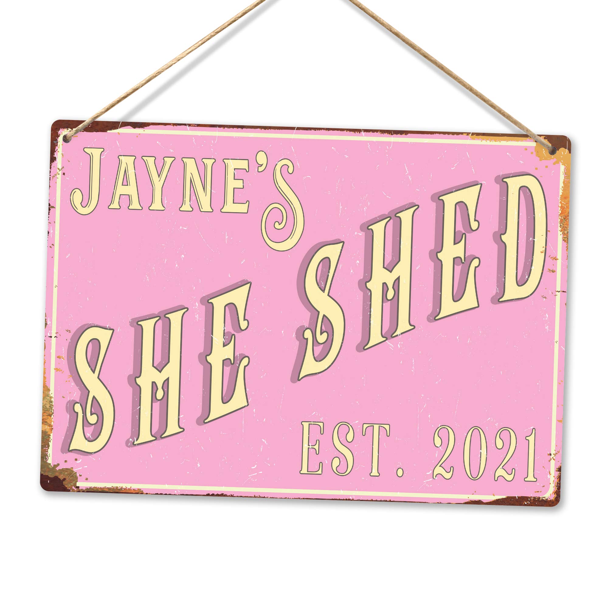 Personalised SHE SHED - Custom Name - Pink – Medium Twine | Printed Metal Wall Sign Plaque
