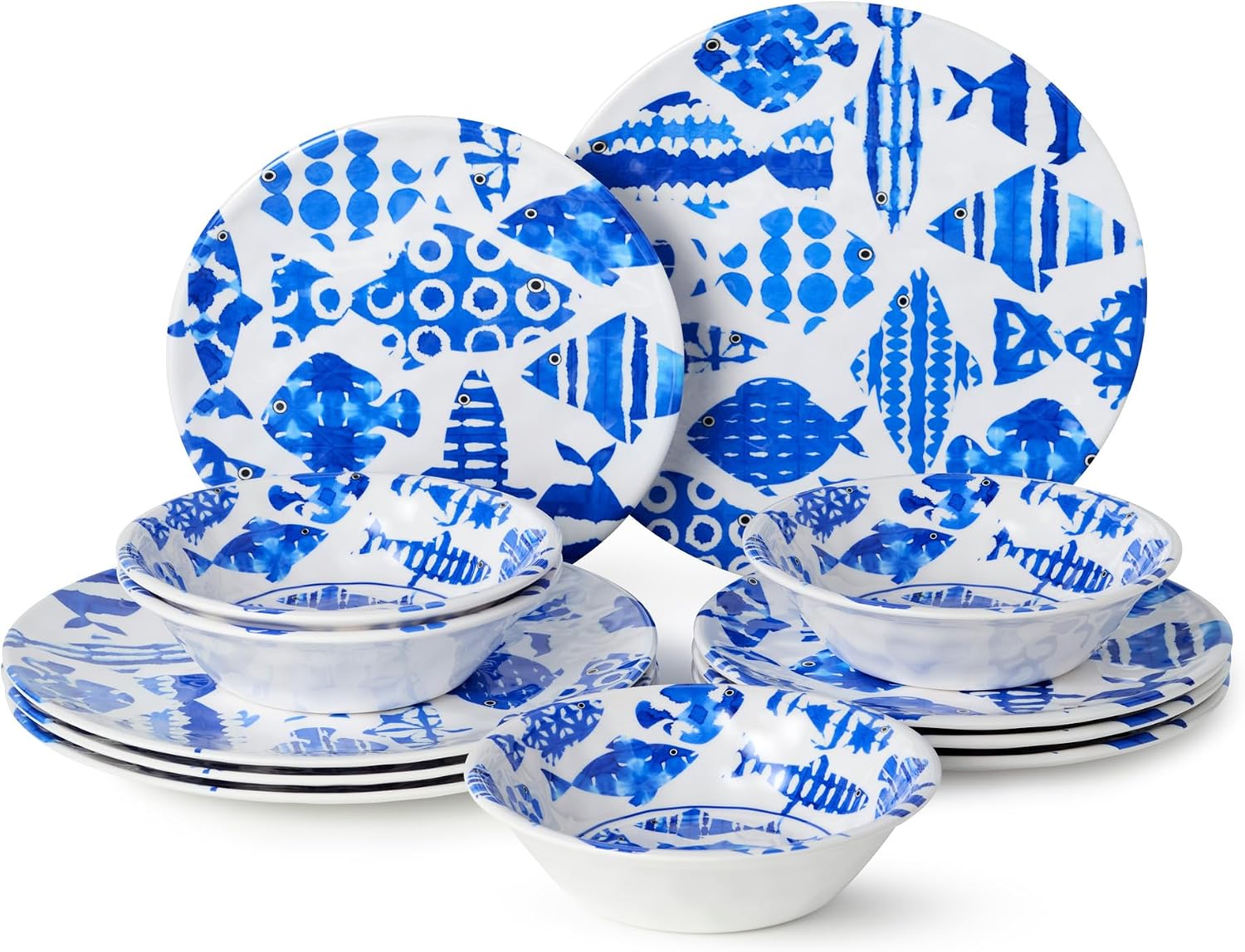 Fish Tale 12 Pc. MELAMINE DINNERWARE SET, SERVICE for 4 – Cobalt Blue Fish School, Outdoor Plates Bowls, Shatterproof Coastal Dining, Poolside Patio Entertaining, Mediterranean Dreams for Every Meal