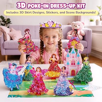 Poke-in Craft Kit for Girls, 3D Castle Princess Dress Up DIY Set with Fairy Tale Castle Scene, Paper Craft Kits, Mess-Free Creative Activity, Arts and Crafts & Birthday Gift for Girls Age 4-8 Year Old