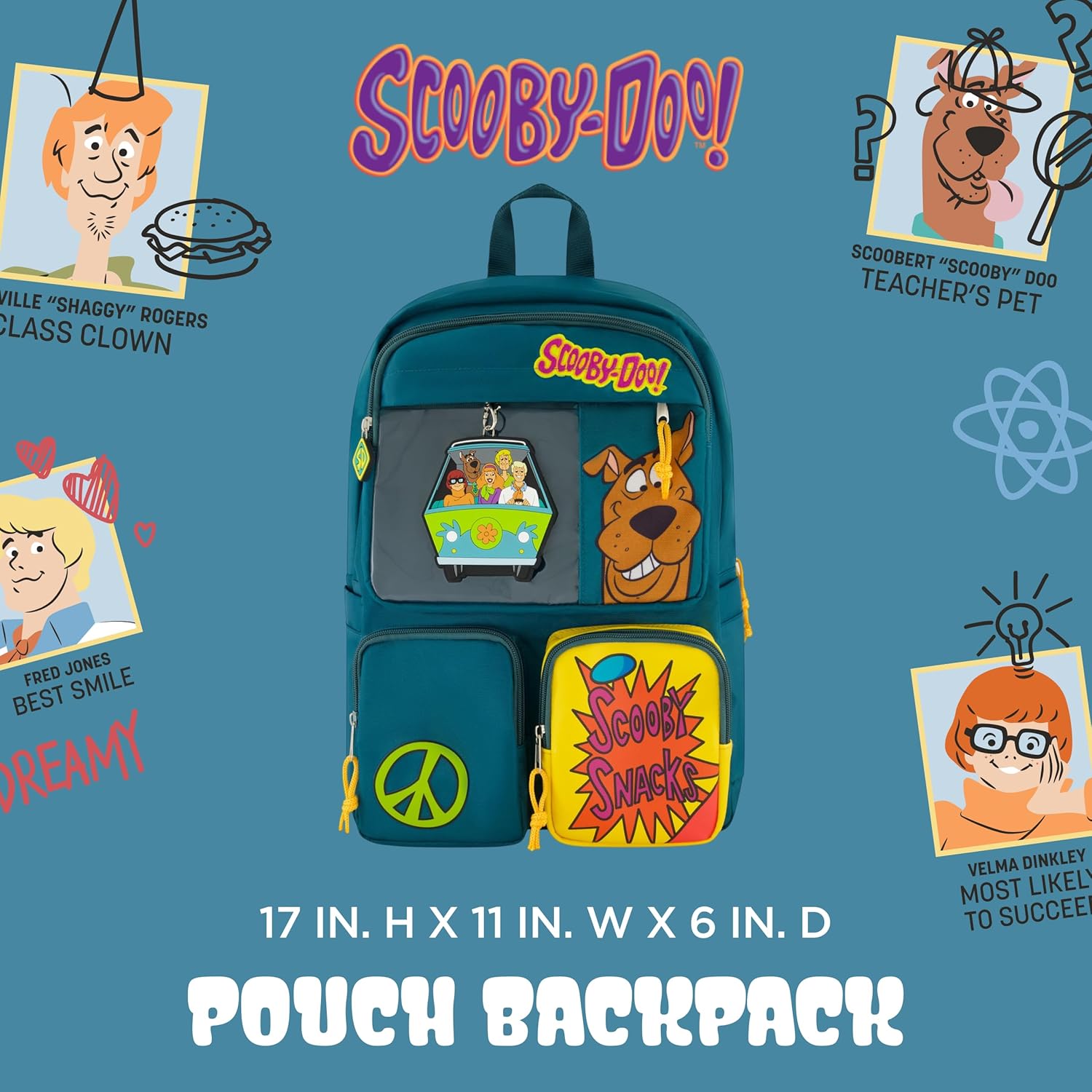 Concept One Scooby Doo Backpack with Mystery Machine Keychain, Travel Bag for Men and Women, Adjustable Shoulder Straps, Green, 17 Inch