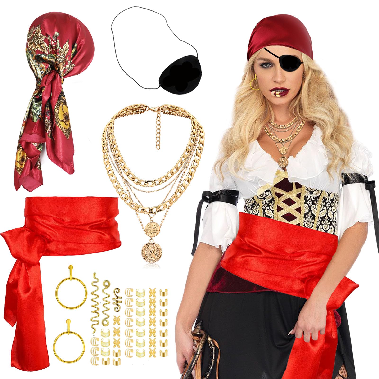 49 Pcs Pirate Costume Accessories Set for Women, Pirate Cosplay Outfit with Red Headscarf Sash Belt Golden Earring Necklace Hair Extension Ring Eye Patch for Halloween Party World Book Day