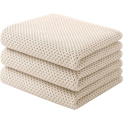 Homaxy 100% Cotton Waffle Weave Kitchen Towels, 3-Pack Ultra Soft Absorbent Dish Towels, Quick Drying Cleaning Towels, 13 x 28 Inches, Beige