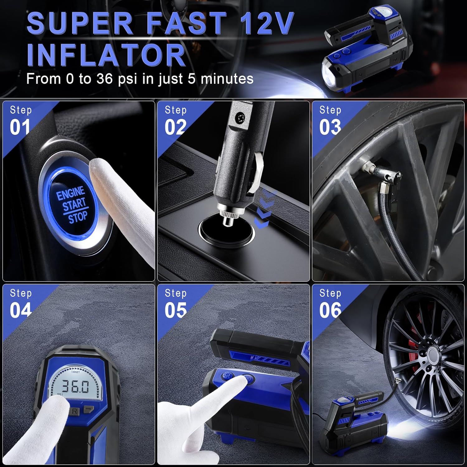 LivTee タイヤインフレーター ポータブルエアコンプレッサー 車のタイヤ用 - カーアクセサリー 12V DC エアポンプ デジ