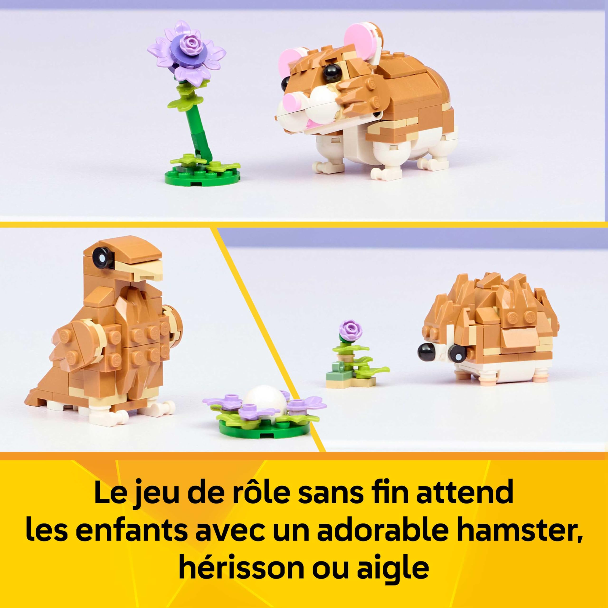 LEGO Creator 3-en-1 L’Adorable Hamster et la Fleur - Figurine d'animal se Transformant en Aigle ou Hérisson - Idée de Décoration Intérieure DIY - Cadeau d'anniversaire Fille ou Garçon dès 7 Ans 31376