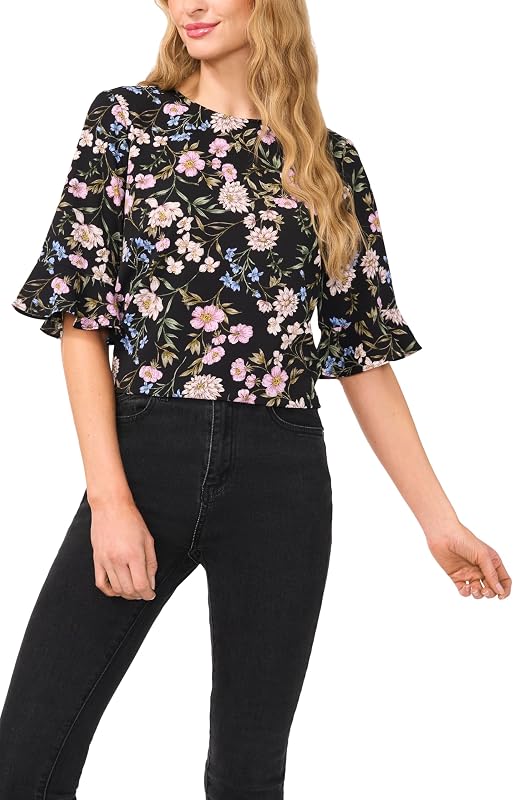 CeCe Women's Short Sleeve Ruffle Cuff Crew Neck Blouse
