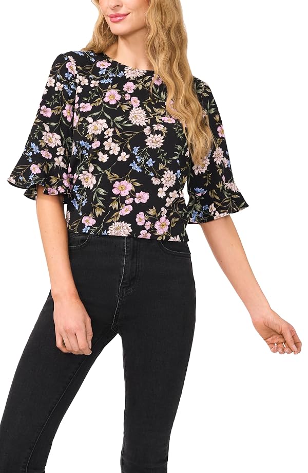 CeCe Womens Floral Ruffle Cuff Crew Neck Top, Rich Black, X-Large by CeCe - Used condition - US$21.27