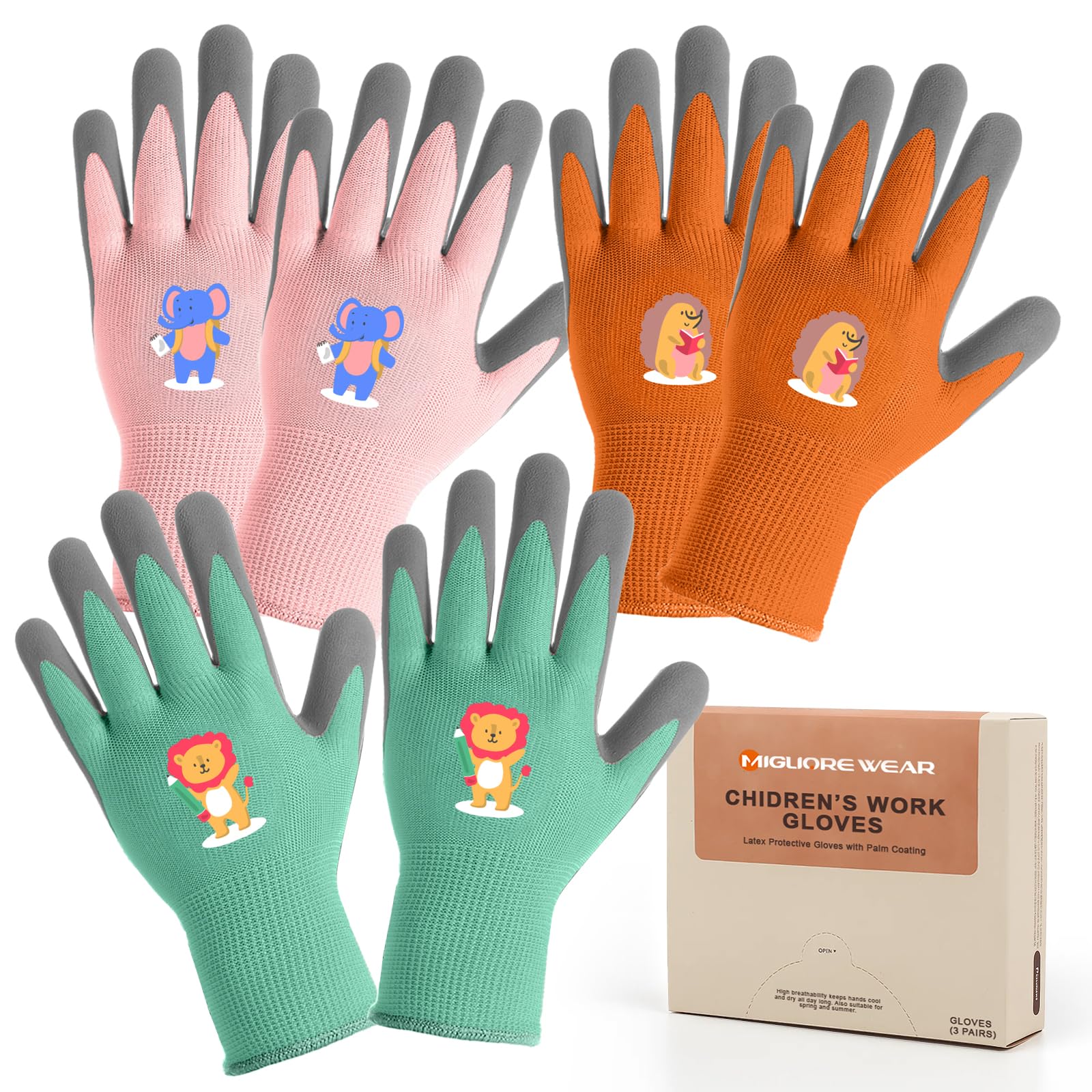 Migliore Wear 3 Paar Kinder Arbeitshandschuhe Gartenhandschuhe Kinder für 5-7 Jahre, Rutschfeste Latex-beschichtete Gartenhandschuhe für Outdoor Gartenarbeit Jungen & Mädchen