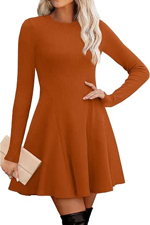 OFEFAN Sweater Dress for Women Fall 2026 Long Sleeve Crew Neck Ribbed Knit Fit and Flare A-Line Dresses
