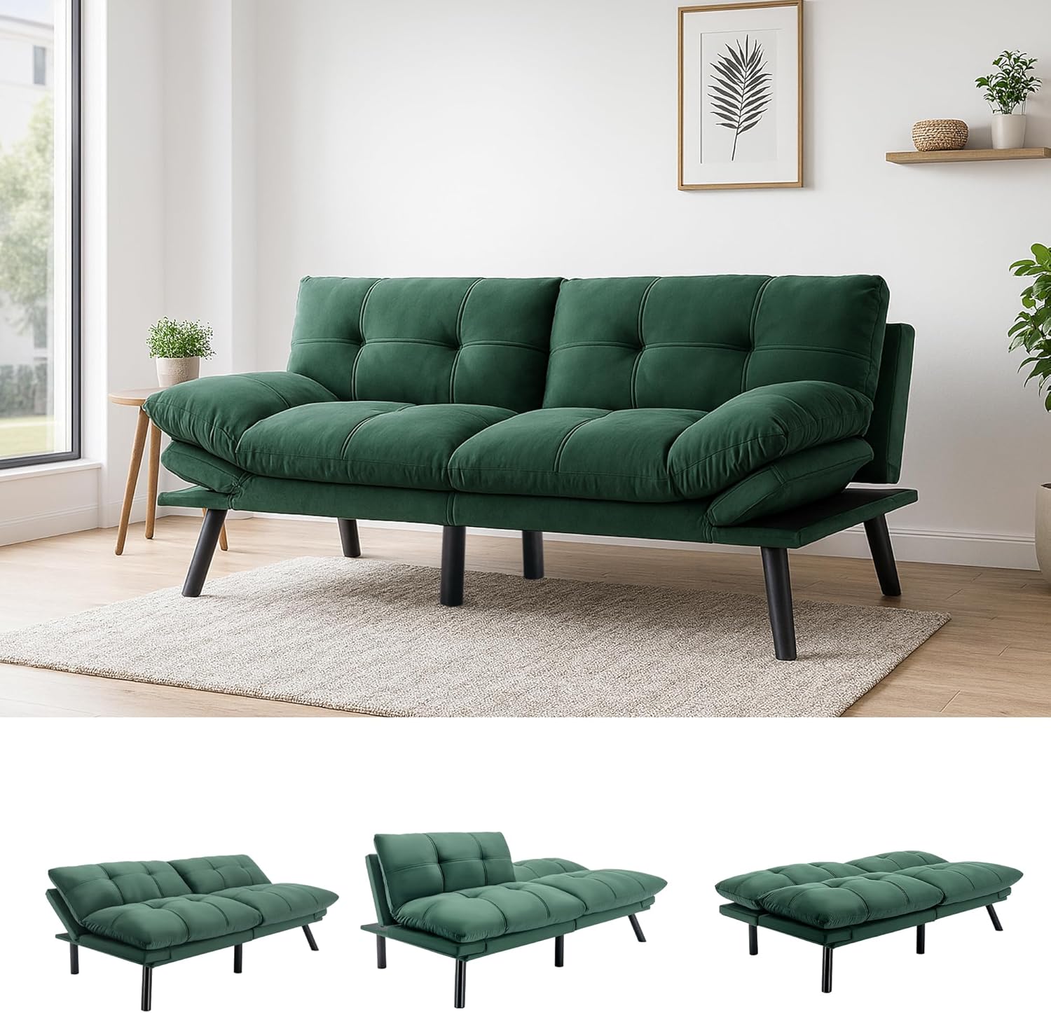 Futon Sofa Bed,Convertible Sleeper Sofa,71" Folding Futon Couch for Living Room Home Office Aprtment,Modern Loveseat Sleeper with Adjustable Backrest & Armrests,Detachable Cushion,Velvet Fabric,Green