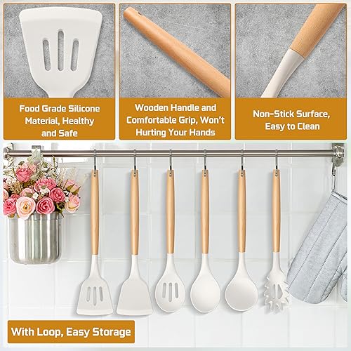 Miniatura 6 de TeamFar Juego de 6 utensilios de cocina de silicona con asas de madera para cocinargirarservirmezclar, herramientas de cocina resistentes al calor