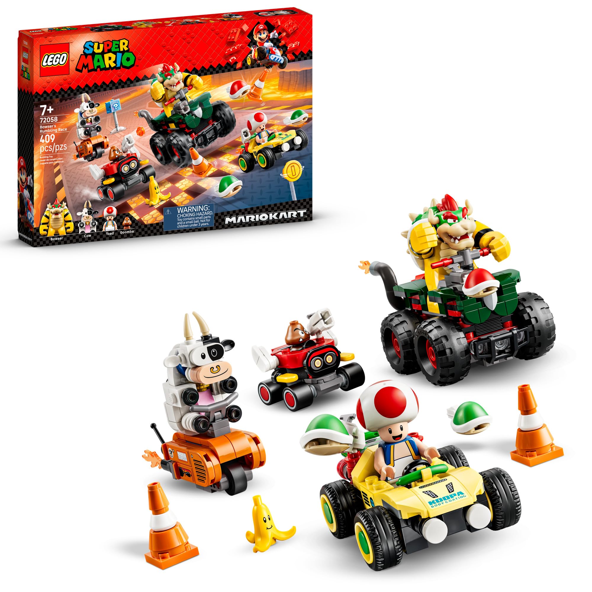 LEGO Super Mario: Mario Kart – Bowser's Rumbling Race 72058 | Building Toy for Boys & Girls, Ages 7+, Toy Cars for Kids, Gift for Birthdays, 409 pieces, 4 Mario Figures & 4 Karts