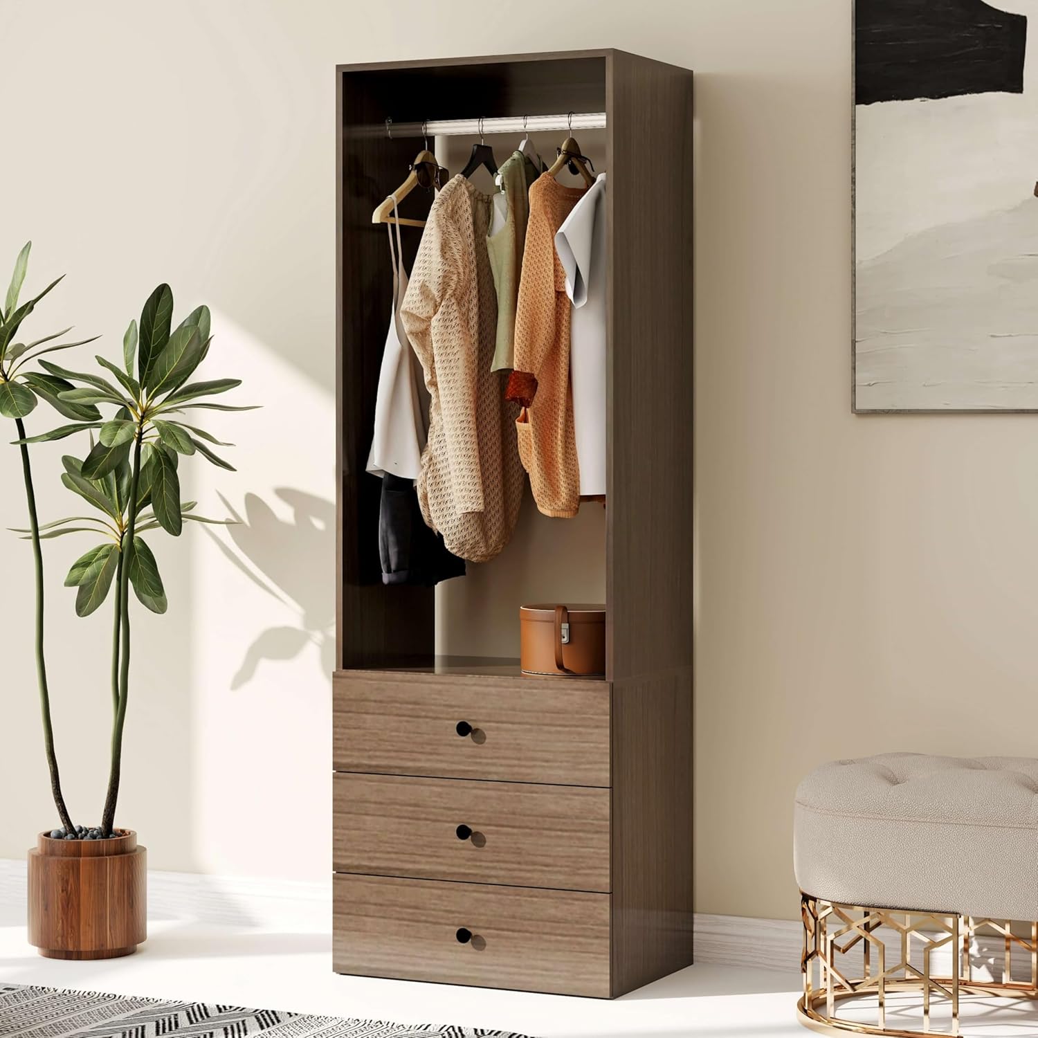 71″H Wood Modular Closet System with Closet Drawers & Adjustabel Closet Shelves Wall Mounted, Walk in Closet Organizer and Storage, Built in Closet with Hanging Rod (A8, Dark Wood)