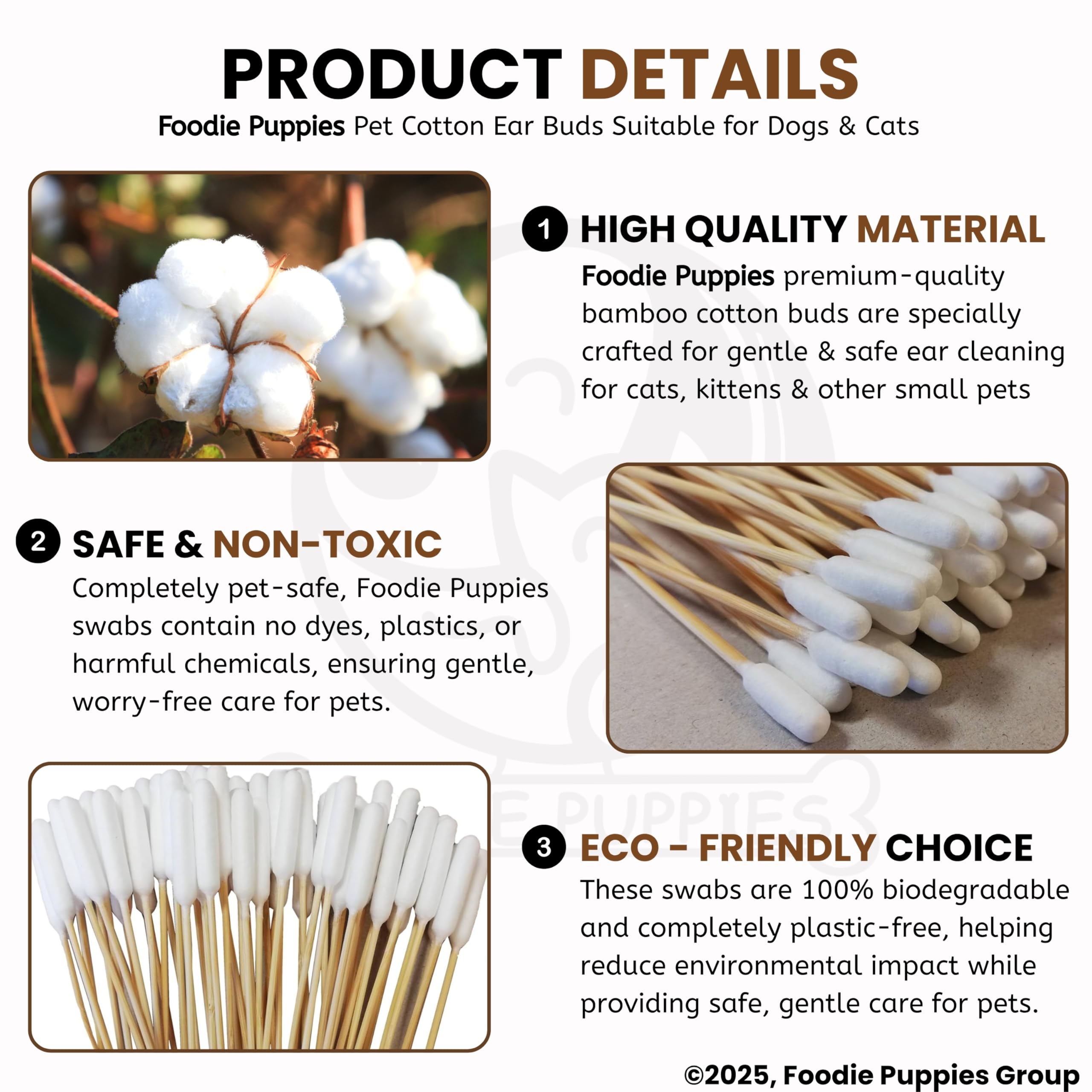 Foodie Puppies Cotton Buds for Dogs & Cats (50 Pieces) - Dual-Sided 6 Inch Bamboo Swabs for Ear Cleaning, Medicine Application, Wound Care, Long Wooden Handle, Safe Pet Ear Cleaner for Large Dog Ears 1