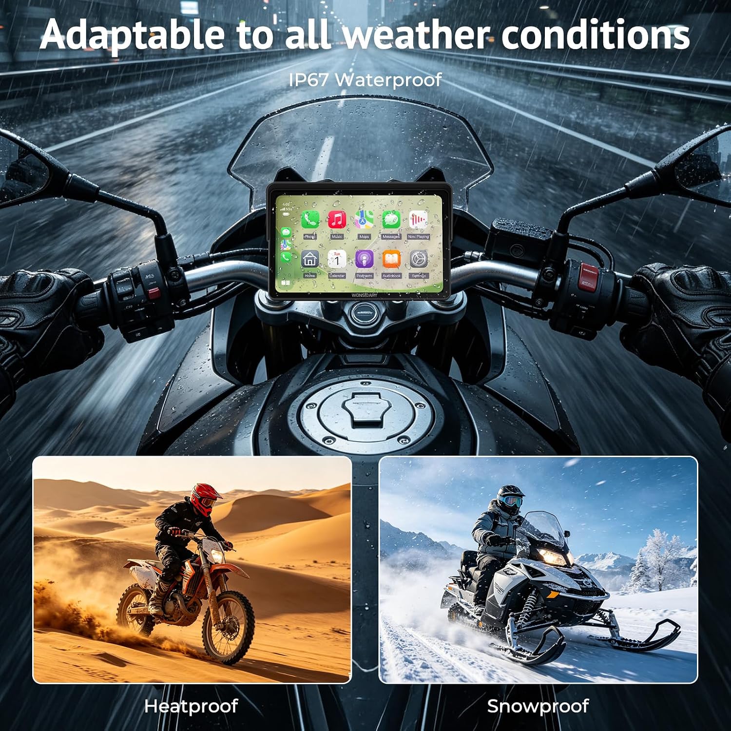 W722TPMS 7" Wireless Motorcycle CarPlay & Android Auto with TPMS,IP67 Waterproof Motorcycle GPS Touchscreen, Dual Bluetooth Audio,EQ, Light Sensor,USB/Acc Power for Riding