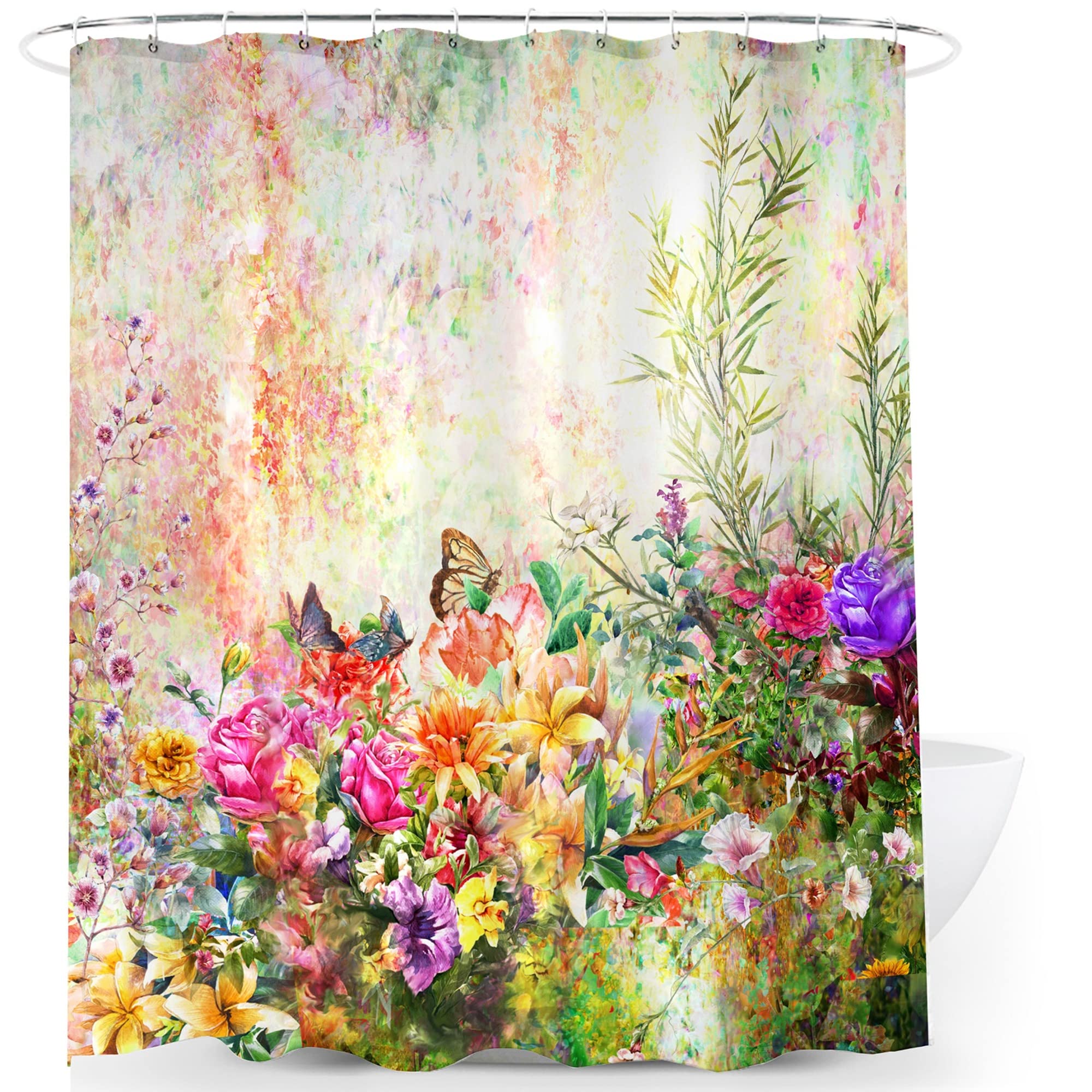 ELELINK Floral Shower Curtain 72x72 Inch Colorful Flowers Blossom Butterflies Bathroom Decor Water Repellent Polyester Bath Curtain with 12 PCS Hooks