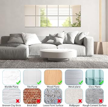 10 Pcs Flexible Mirror Sheets Self-Adhesive Mirrors 2mm Thickened 20 x 20cm Acrylic Mirror Full Length Wall Mirrors Plastic Mirror Tiles Non-Glass Mirror for Bathroom, Bedroom, Door etc