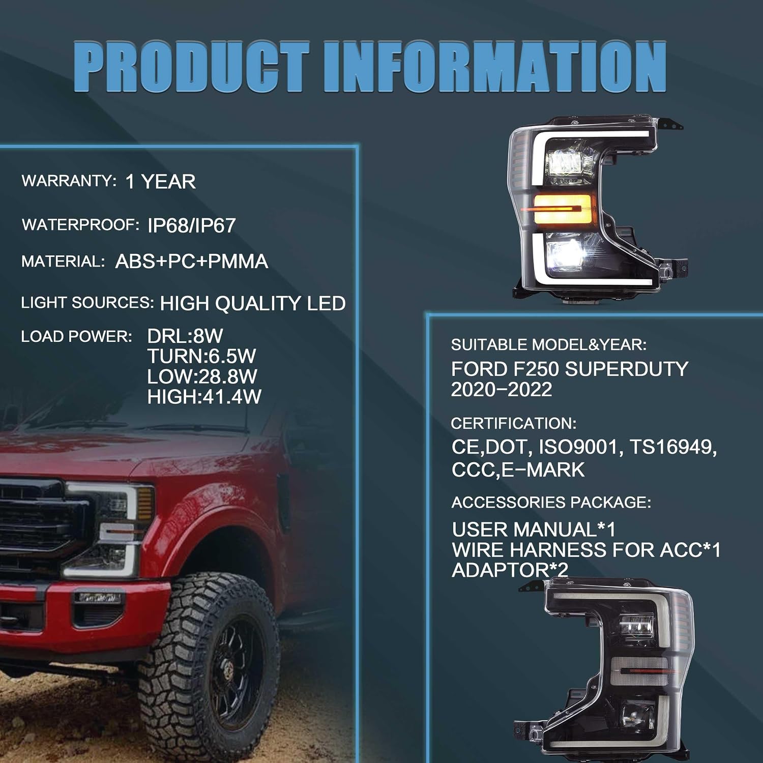 VLAND Headlight Assembly Fit for 2020-2022 Ford F250 F350 F450 Superduty, Projector