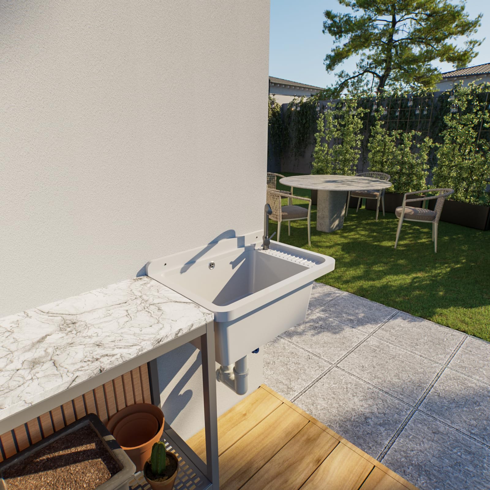 QLS Bassin d'évier, 50 x 34 cm, en plastique, avec siphon, pour garage, atelier, blanc