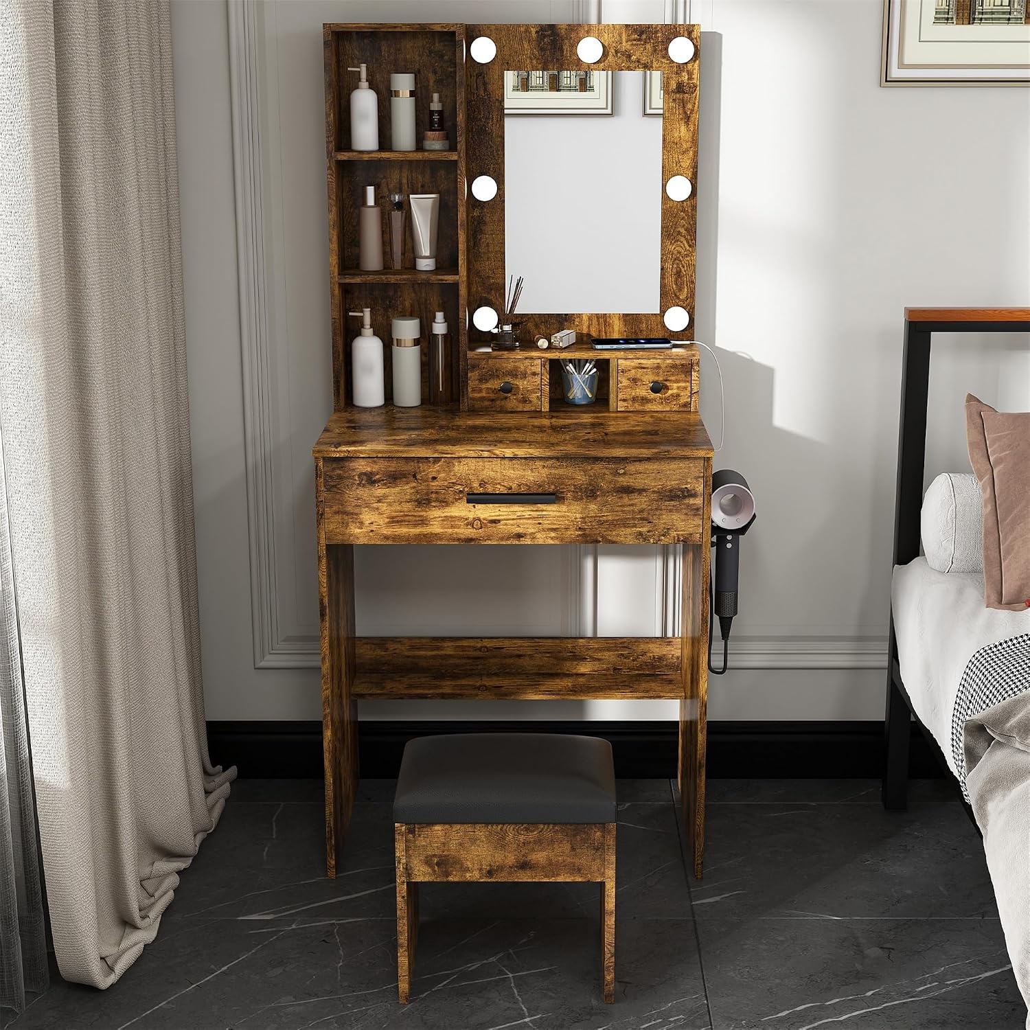Small Vanity Desk with Mirror and Lights, Makeup Vanity Table with Power Outlet & 3 Drawers & 4 Shelves & Stool,Dressing Table Set for Bedroom, 3 Color Mode, Brown