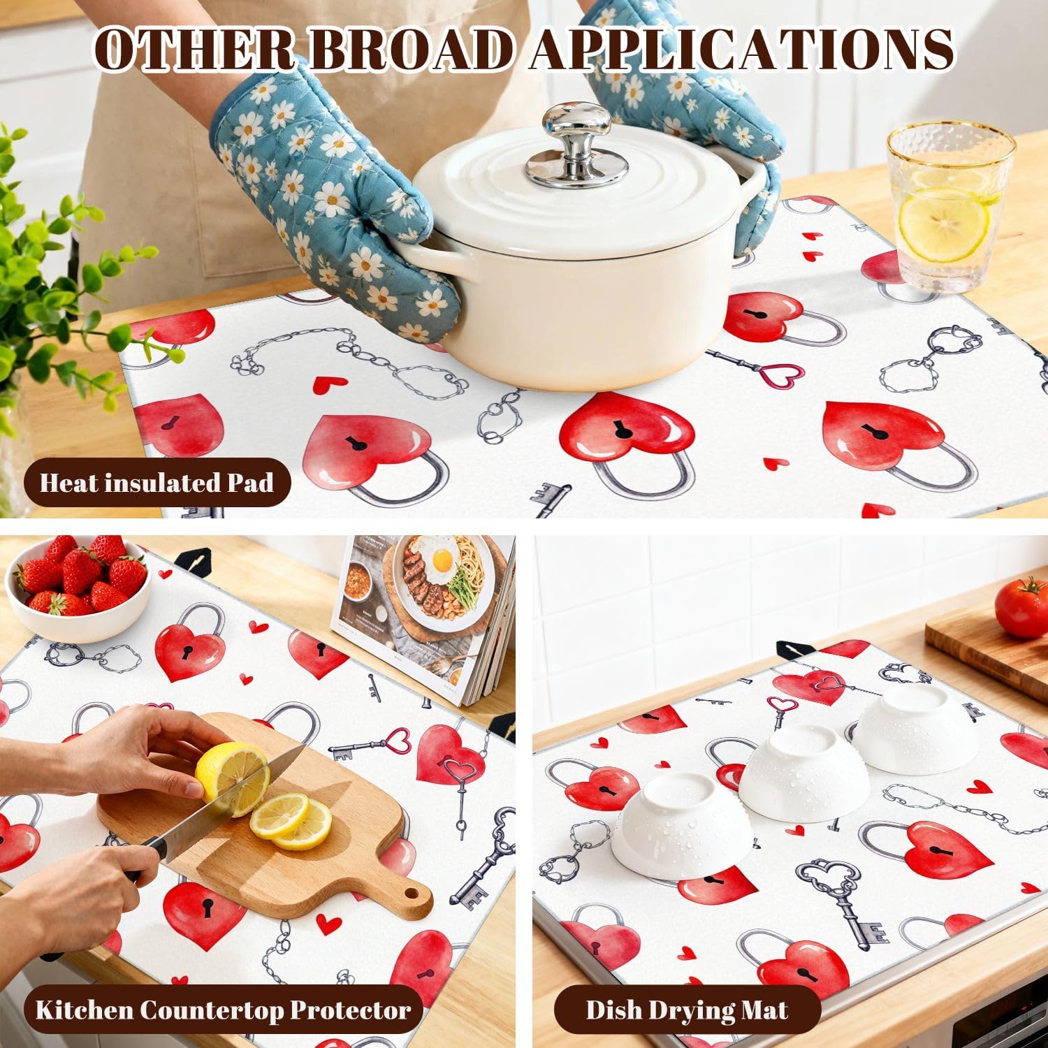 Stove Top Covers for Electric Stove Heart Padlocks Keys Seamless Red Watercolor Style Glass Cooktop Burner Covers Heat Resistant Protector Kitchen Decor Keep Stove Clean 28''x20''