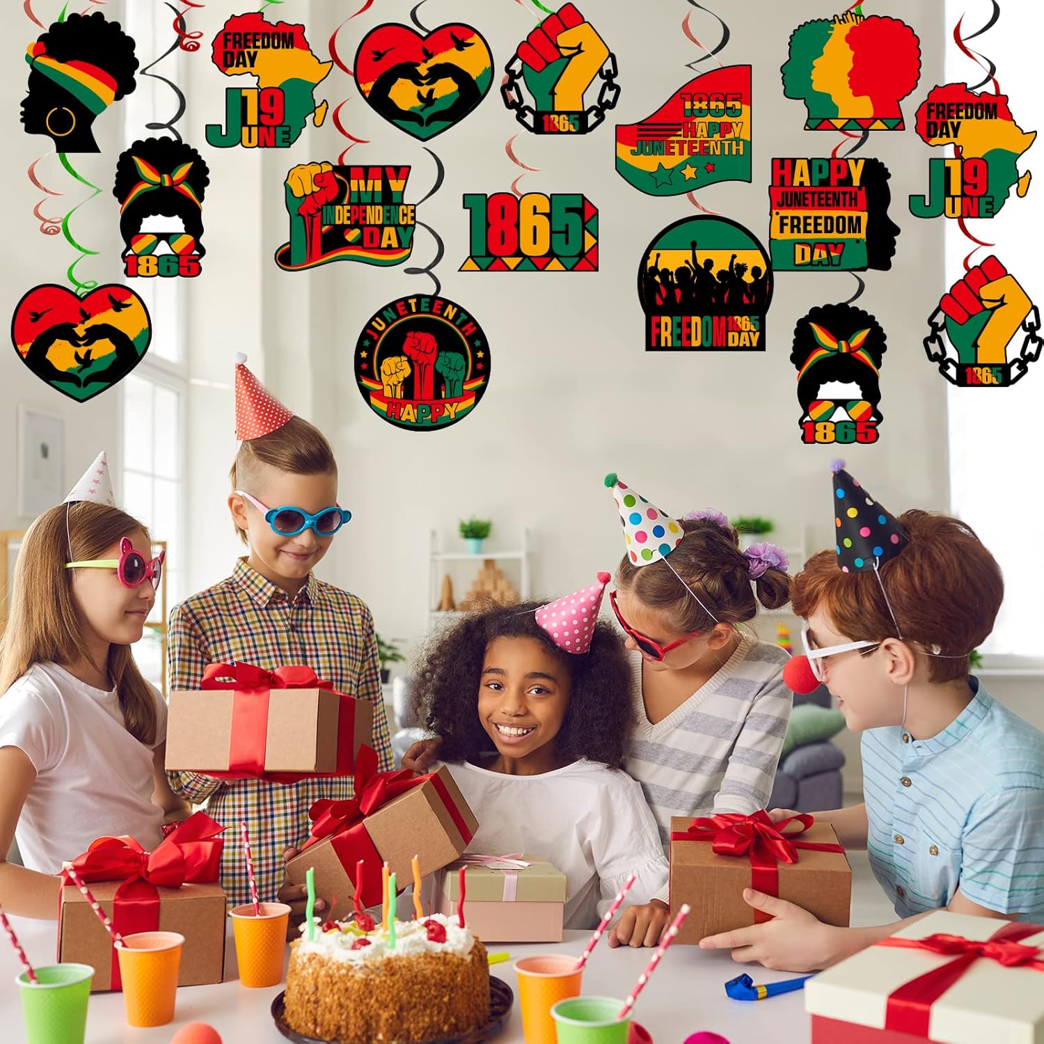 60Pcs Happy Juneteenth Day Hanging Swirl Black Americans Independence banner 1865 Juneteenth Hanging Cutout Freedom Day Decorations African American Festival Ceiling Streamers Happy Juneteenth Banners