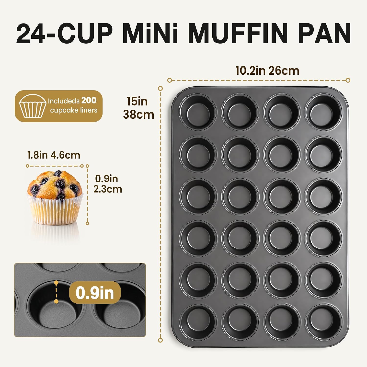 Parmedu 24-Cup Carbon Steel Muffin Pan Set with 200 Cupcake Liners, 0.5mm Heavy-Gauge Nonstick Cupcake Pan for Beginners and Family Bakers, Birthday Christmas Halloween Thanksgiving Holiday Bakeware