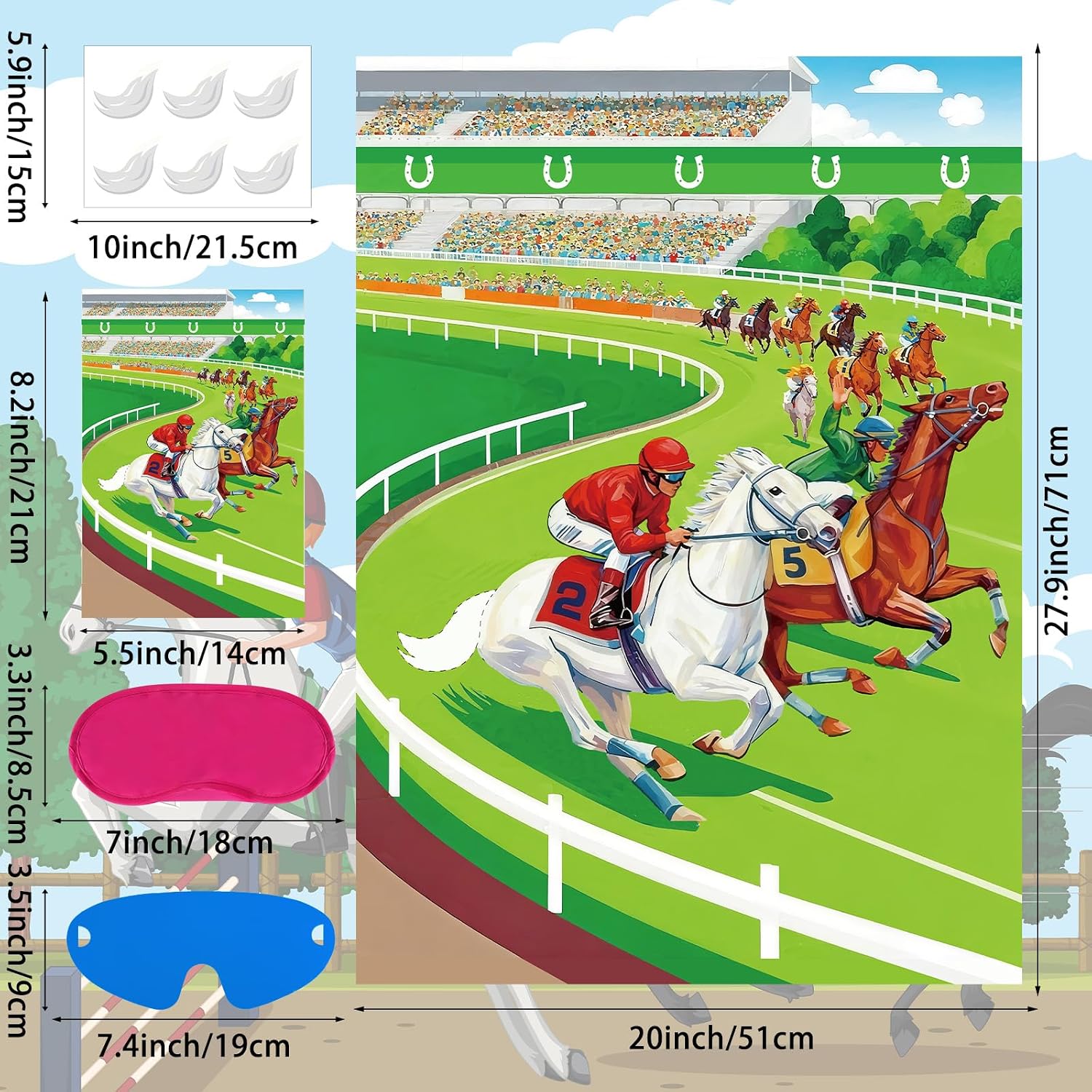 Pin The Tail on The Horse Games Large Horse Racing Party Games Poster with 24 Pcs Reusable Tails Stickers for Kids Adults Horse Race Theme Birthday Baby Shower Carnival Party Supplies image 2