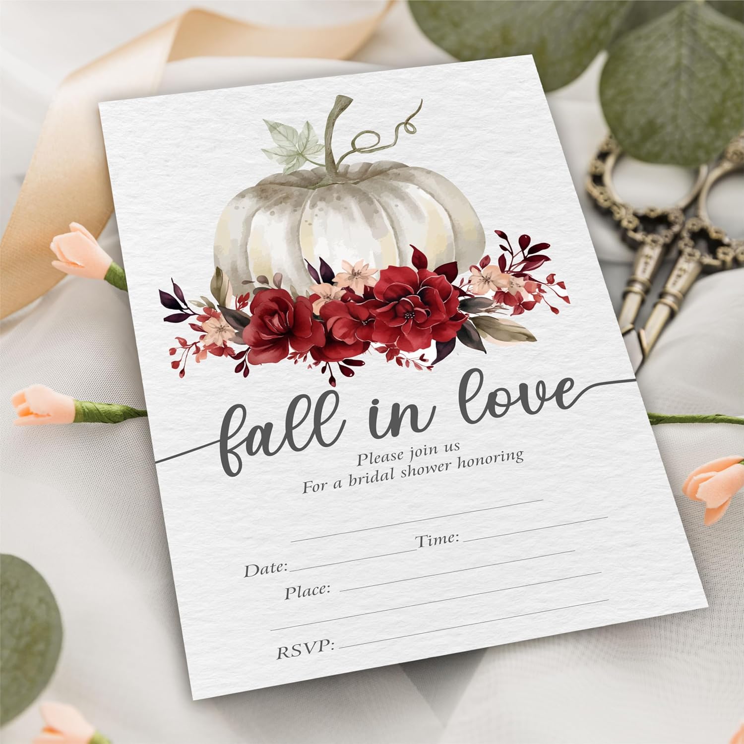 Pumpkins & Floral Bridal Shower Invitations - Fall In Love - 4 x 6 Inches Invites (25 Cards & Envelopes) For Wedding Showers, Newlyweds Parties And Receptions - A14
