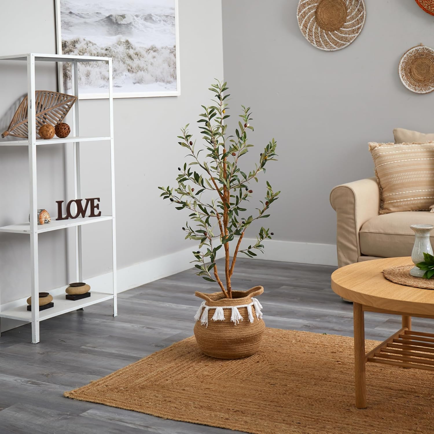 Nearly Natural 3.5ft. Artificial Olive Tree with Handmade Jute & Cotton Basket with Tassels