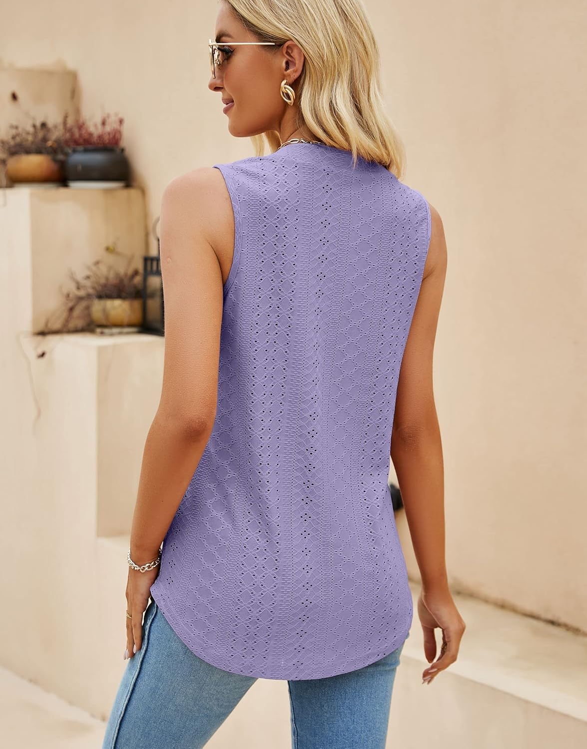 Sleeveless Tops for Women Dressy Casual Summer Blouses Trendy Eyelet Office Work Shirts - Image 2