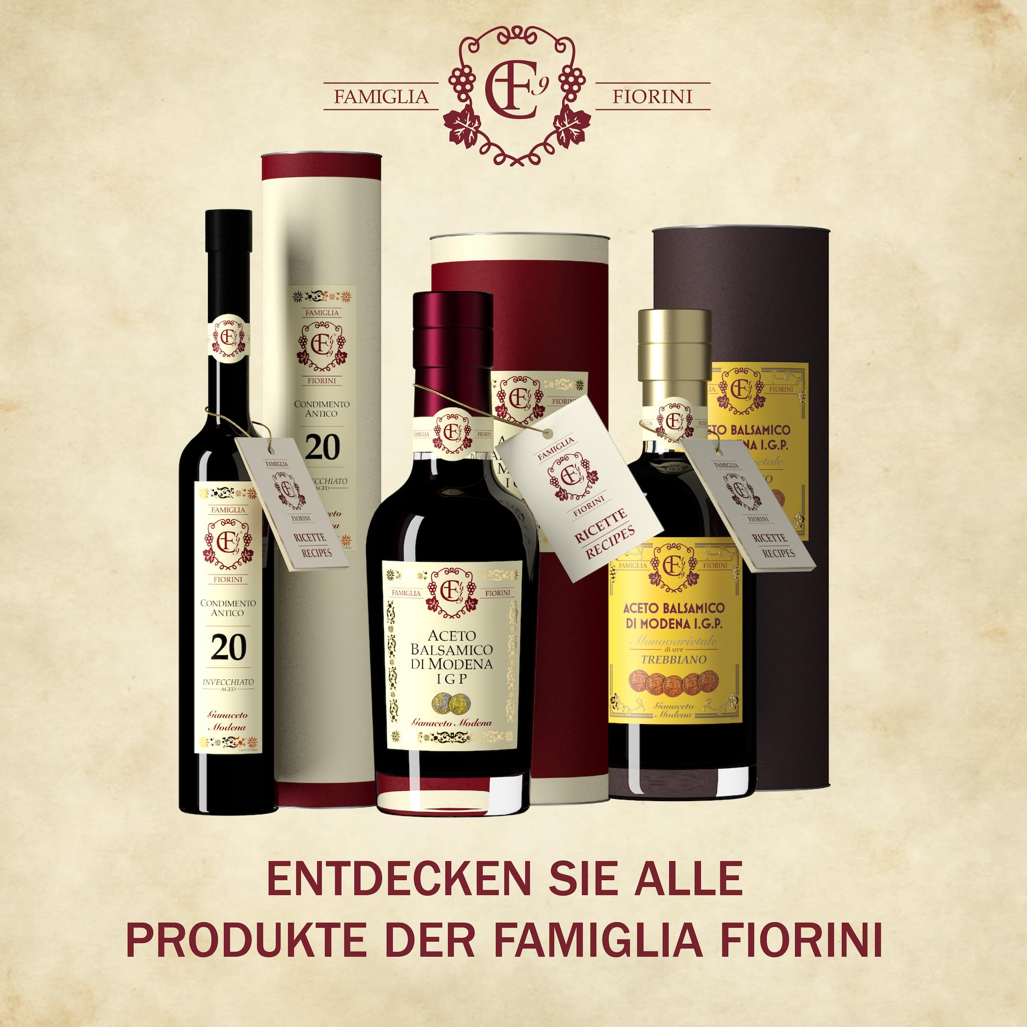 Famiglia Fiorini, In Eichenfässern gereifter Aceto Balsamico di Modena I.G.P., 3 Jahre gereift, Hergestellt aus 100% italienischen Trauben, Ideal zum Würzen von Salaten, Fisch und Fleisch, 250 ml.