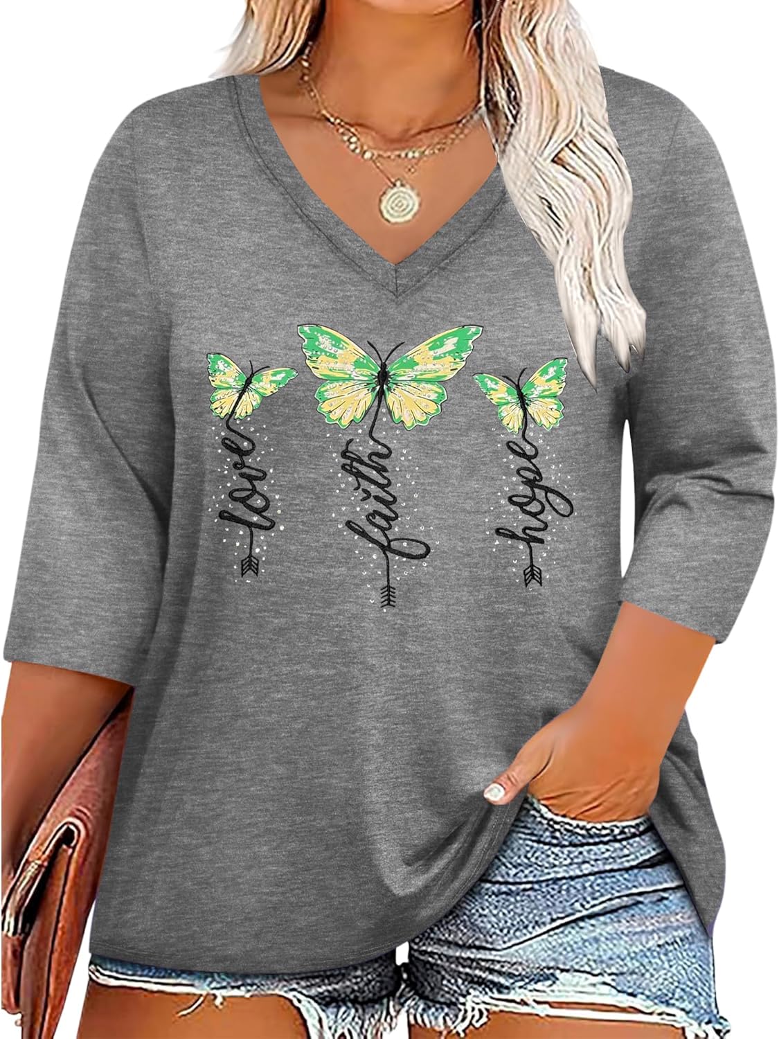 Chulianyouhuo Women Plus Size Shirts 3/4 Sleeve V Neck Graphic Tee Tops Summer Casual Loose Fit Tshirts Trendy Tunic Clothing