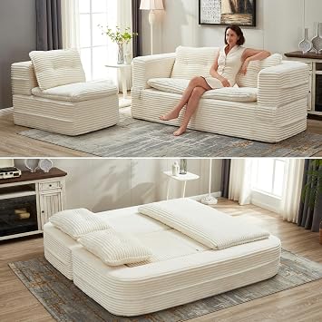 80 Futon Sofa Bed King Size, Corduroy Boneless Couch Chaise, Beige | Foldable Loveseat Sleeper Sofa with 3 Pillows, Blanket, Convertible Floor Couch for Living Room, Bedroom, Small Space