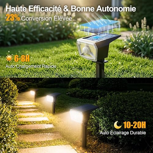 SUNNMO Faretti Solari a LED da Esterno con Sensore di Movimento, Lampade Luci Solari da Giardino Potenti 104LED 3Modalità, Faretto LED da Esterno Solare Giardino IP65 Impermeabile Luce Calda, 4 Pezzi - 4
