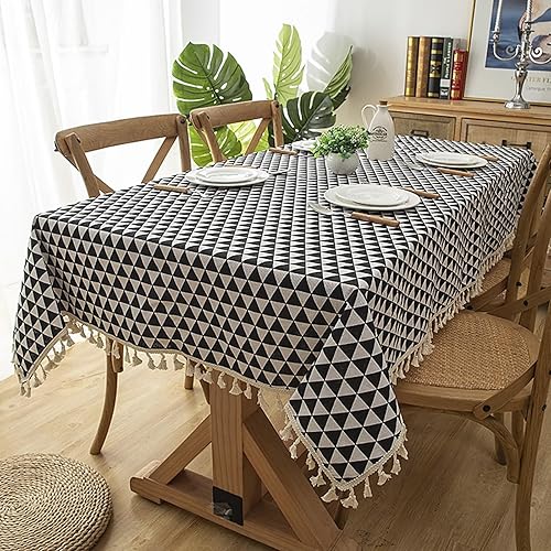 Dinner Table Cover, 55 x 55 inch, Square, Black, Style 2, Cotton Triangle with Tassel Table Cloth for Party