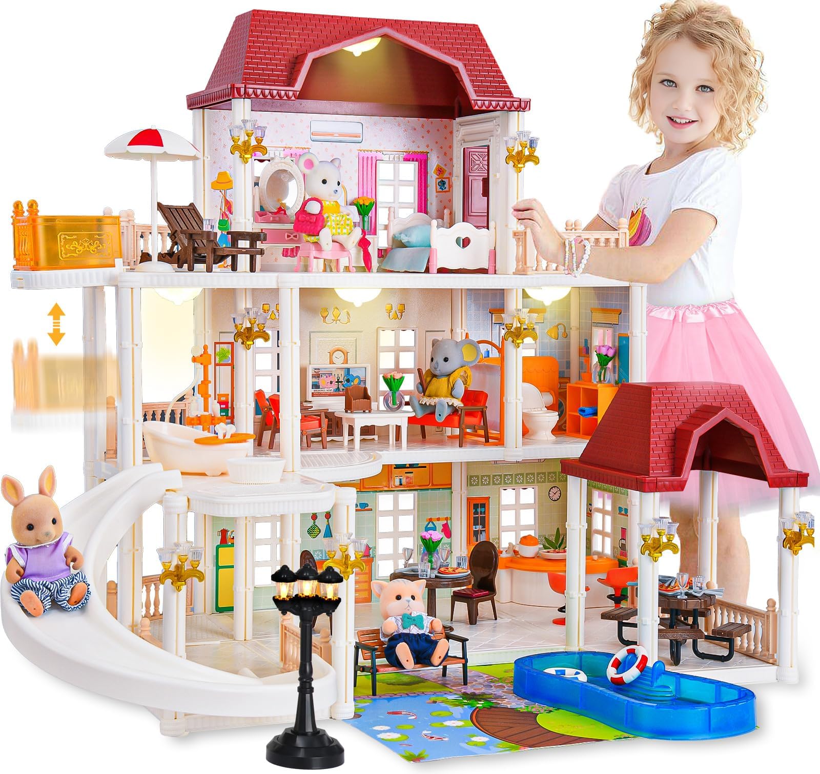 Doll House for Girls Toddler Toys with 4 Doll Toy Figure, Pool Slide, Elevator, Furniture, Pretend Play Dream Dollhouse Playset with Lights Gifts for Kids Girls Age 3 4 5 6-12 Year Old