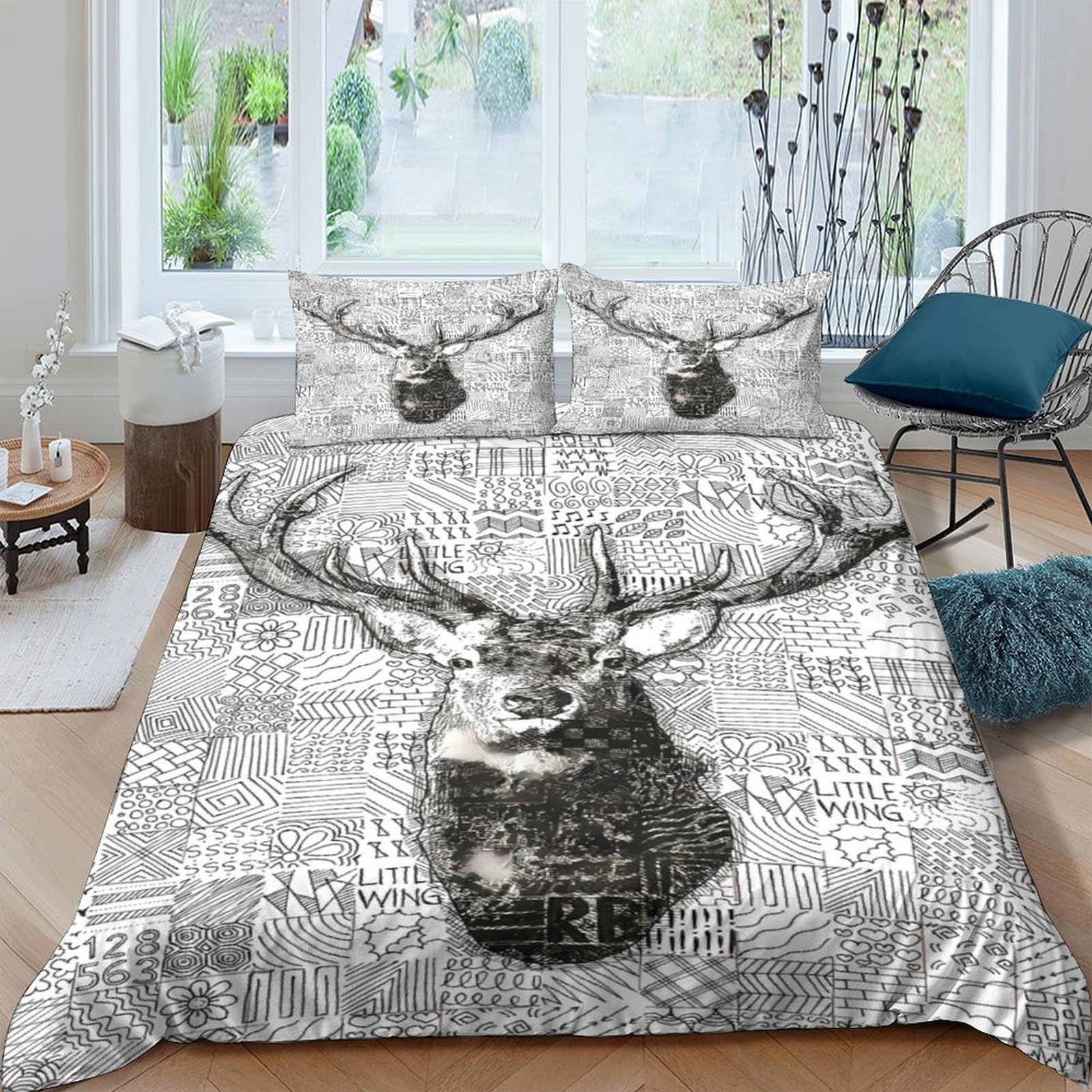 Ctjqhvkz Style-1 3D Printed Deer Forest Fitted Sheet Microfiber Soft Grey Antler Bed Cover For Bedroom Dorm Mattress Protection Decor Single（135X200cm）